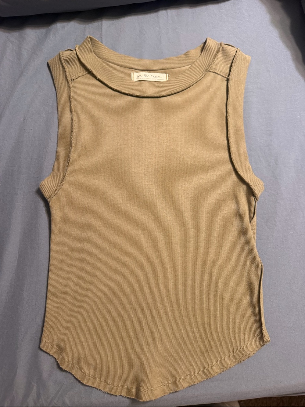 Free People We The Free M Brown Ribbed Tank Top Raw Seam Curved Hem